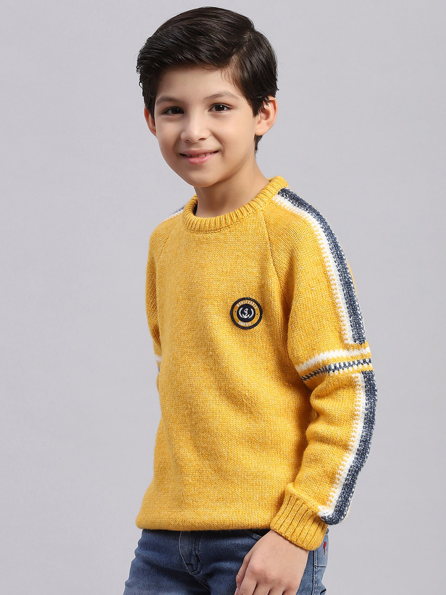Monte Carlo Kids Mustard Self Design Full Sleeves Sweater