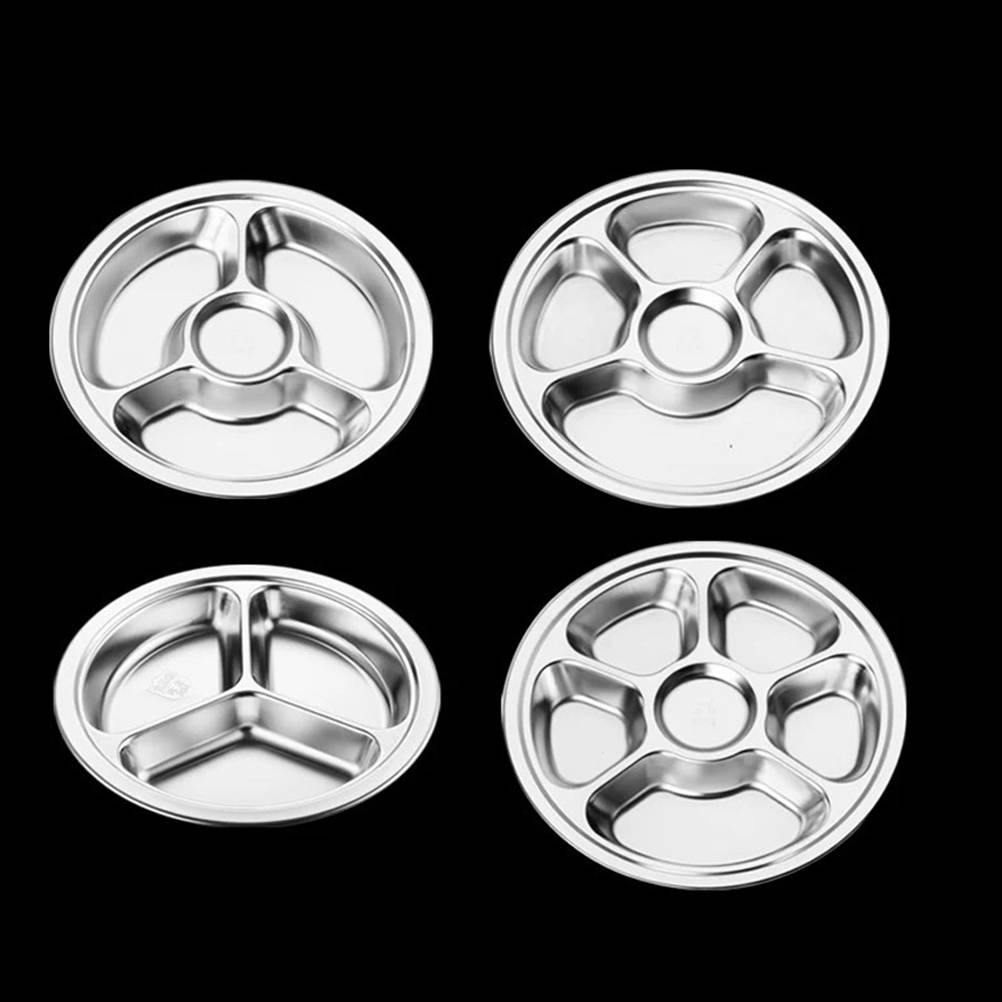 1Pc Sub-Grid Plate 4-grid Plate for Food Stainless Steel Meal Plate Plate Round Food Plate (Silver)