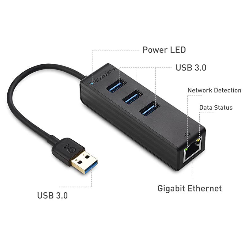 3 Port USB 30 Hub with Ethernet USB Hub with Ethernet Gigabit Ethernet USB Hub Supporting 101001000 Mbps Ethernet Network in Black