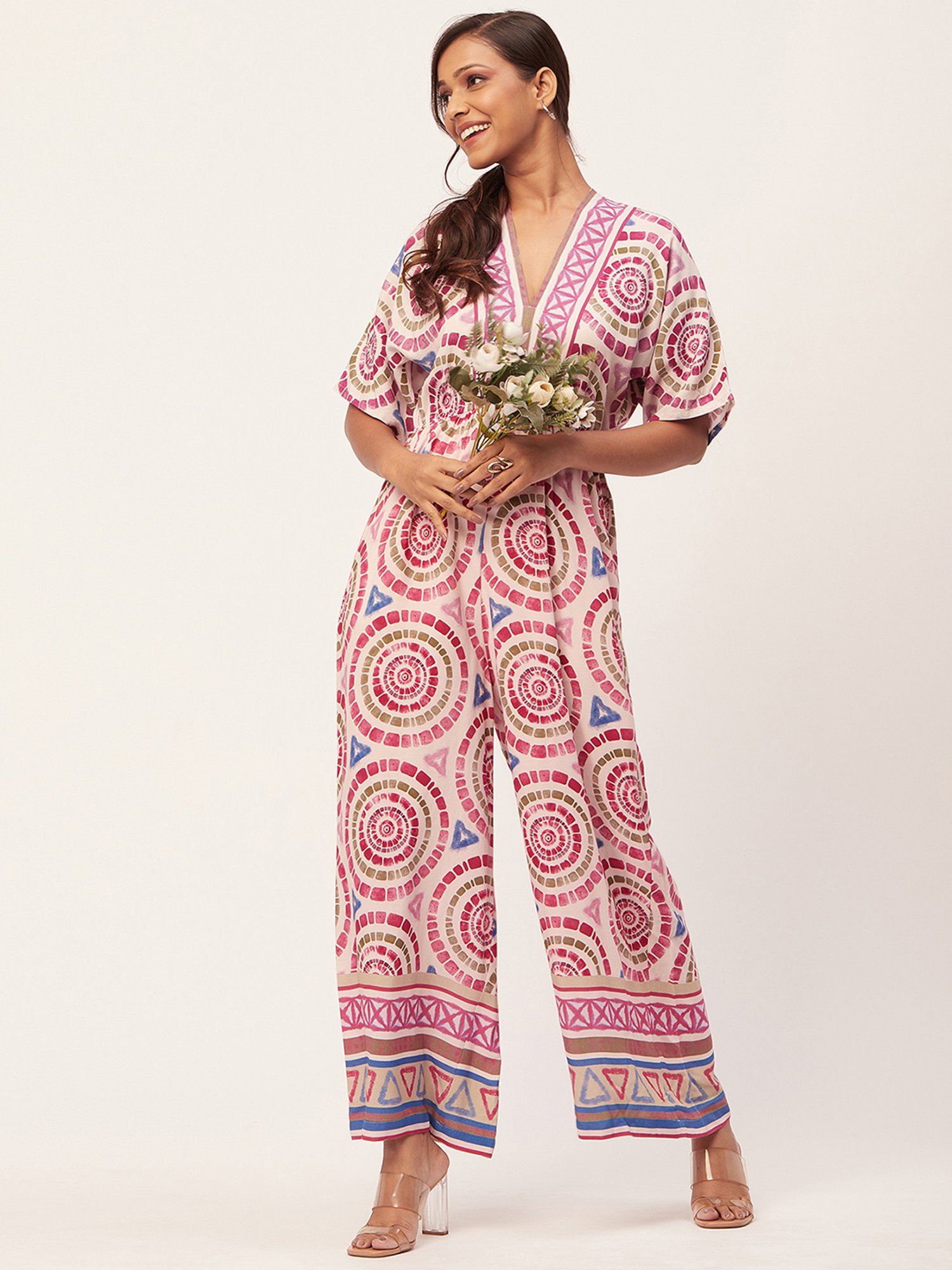 Moomaya Pink & Beige Printed Jumpsuit