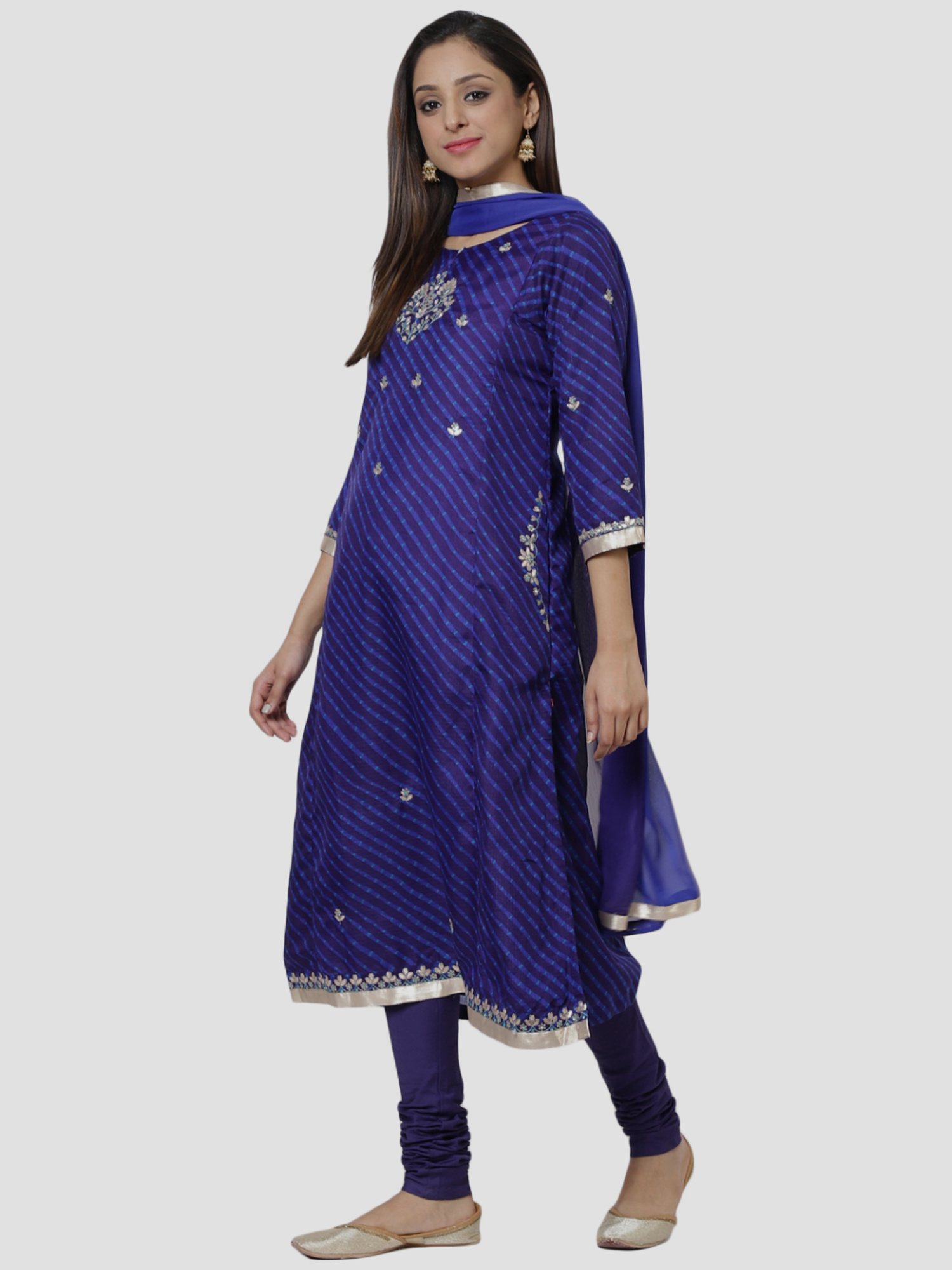 Biba Royal Blue Embroidered Kurta Churidar Set With Dupatta
