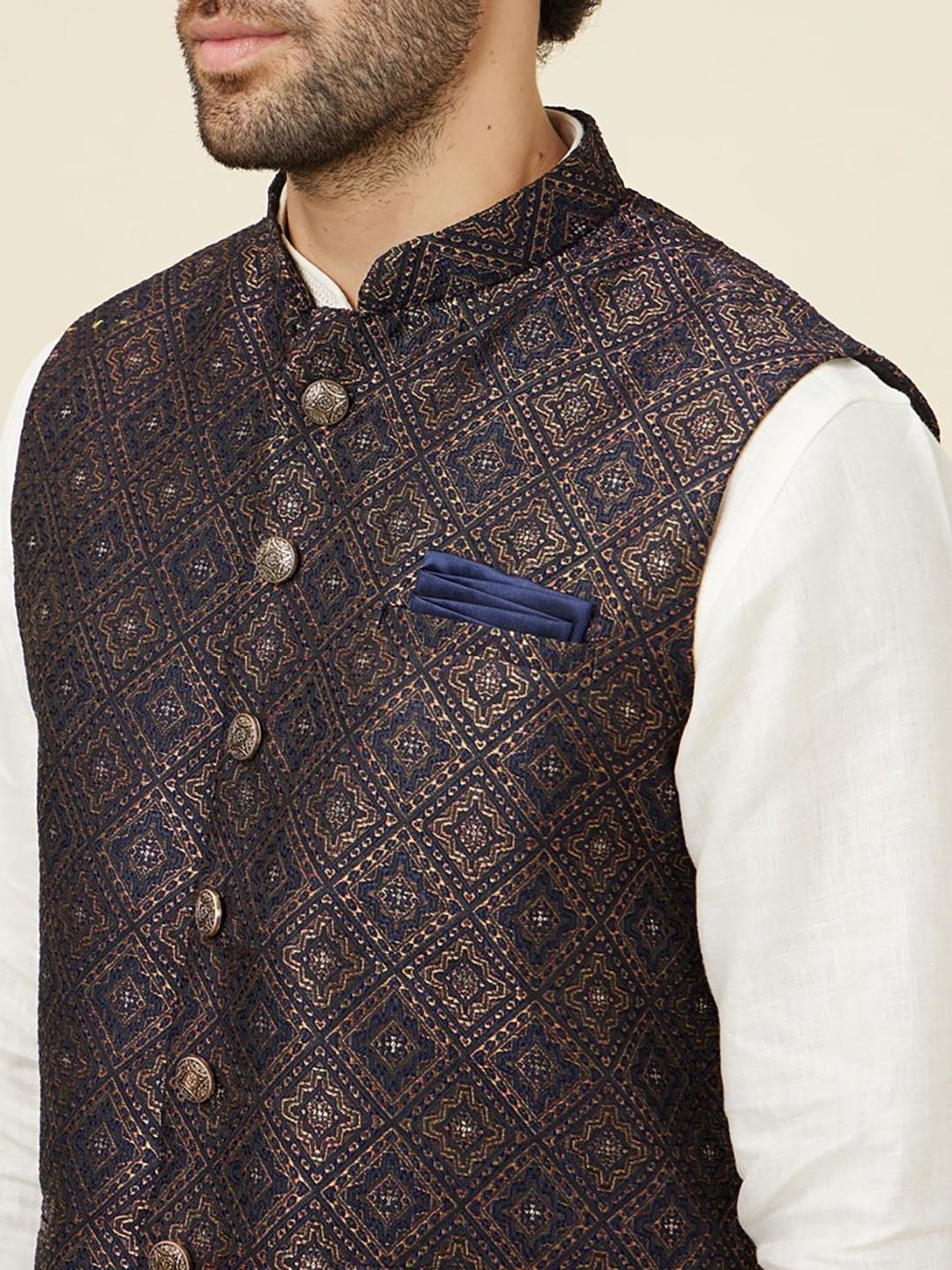 Manyavar Navy Regular Fit Embroidered Nehru Jacket