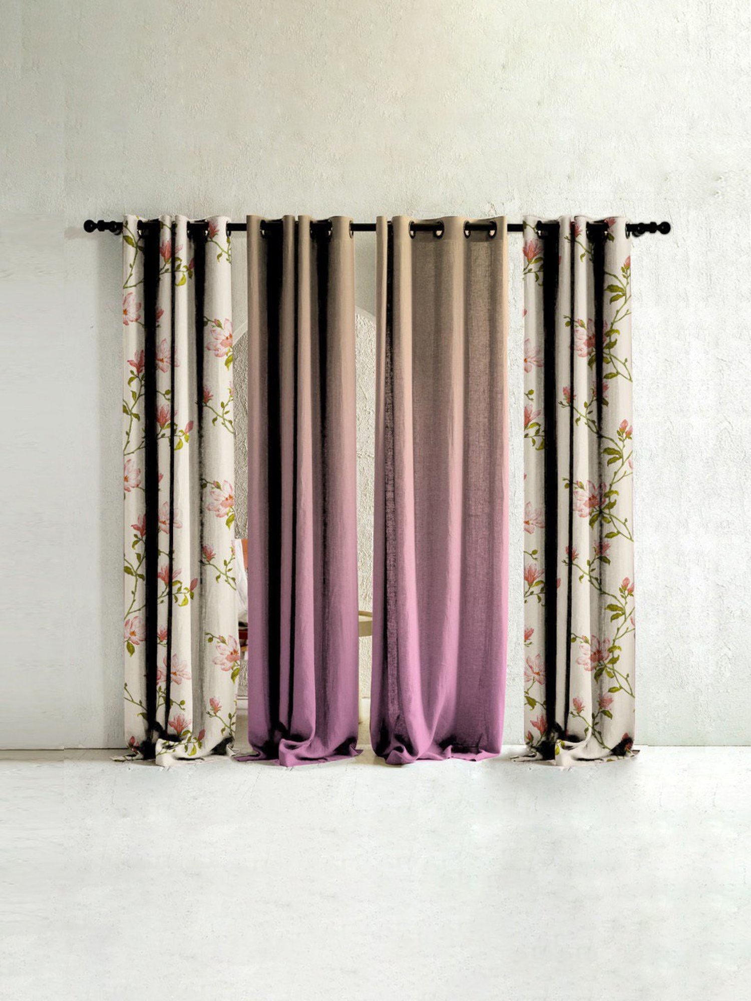 SPACES DRAPE STORY Elegant Printed Pink & Beige Polyester 7 ft Door Curtains - Set of 4