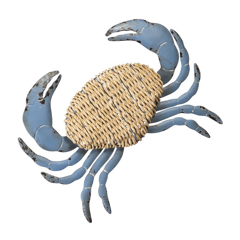 Evergreen Beautiful Springtime Brushed Metal and Rattan Crab Shaped Wall Decor - 23 x 2 x 24 Inches Fade and Weather Resistant