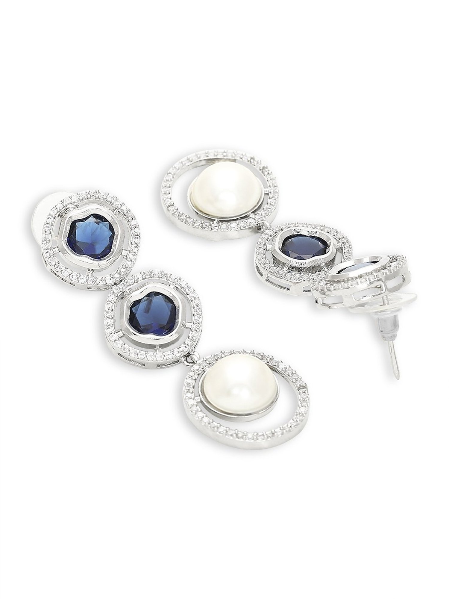 OOMPH Blue American Diamond and Pearls Statement Necklace Set