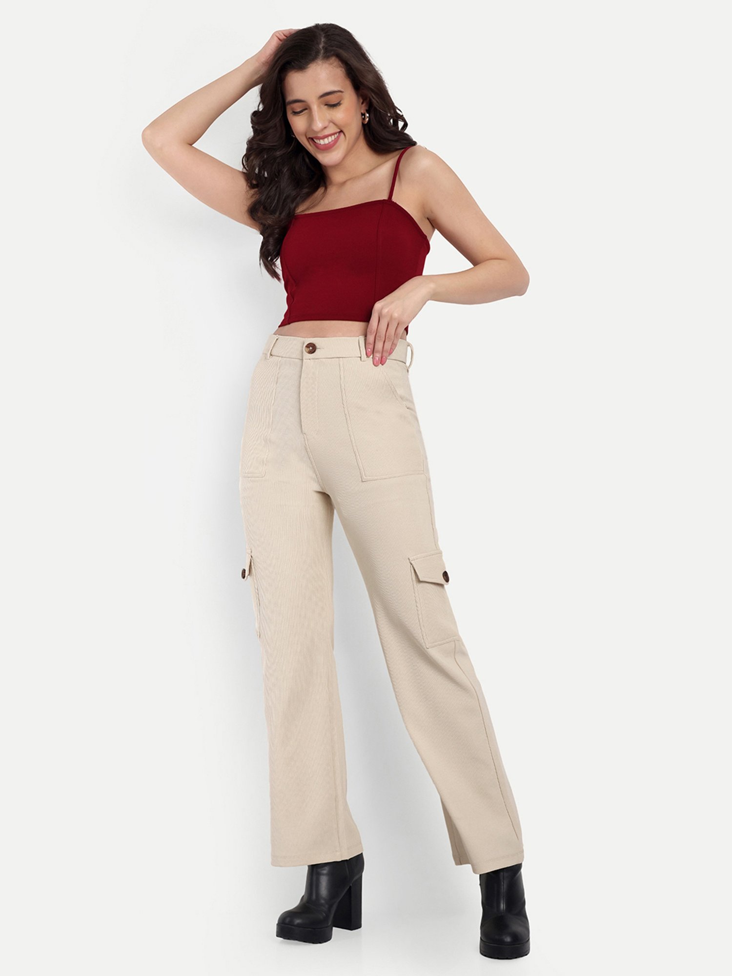Broadstar Beige Straight Fit High Rise Cargo Pants