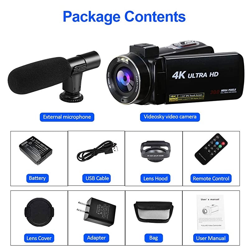 4K Video Camera Camcorder Digital YouTube Vlogging Camera Recorder UHD 30MP 3 Inch Touch Screen 18X Camcorder with Microphone,2 Batteries