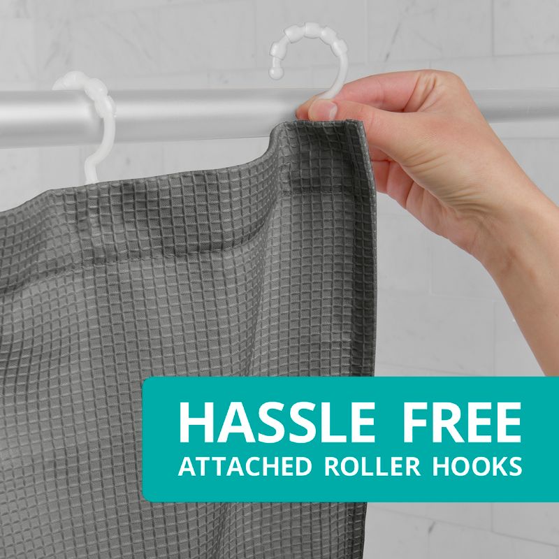 Smart Shower Curtains Waffle Fabric With Attached Hooks Rich Charcoal - Maytex