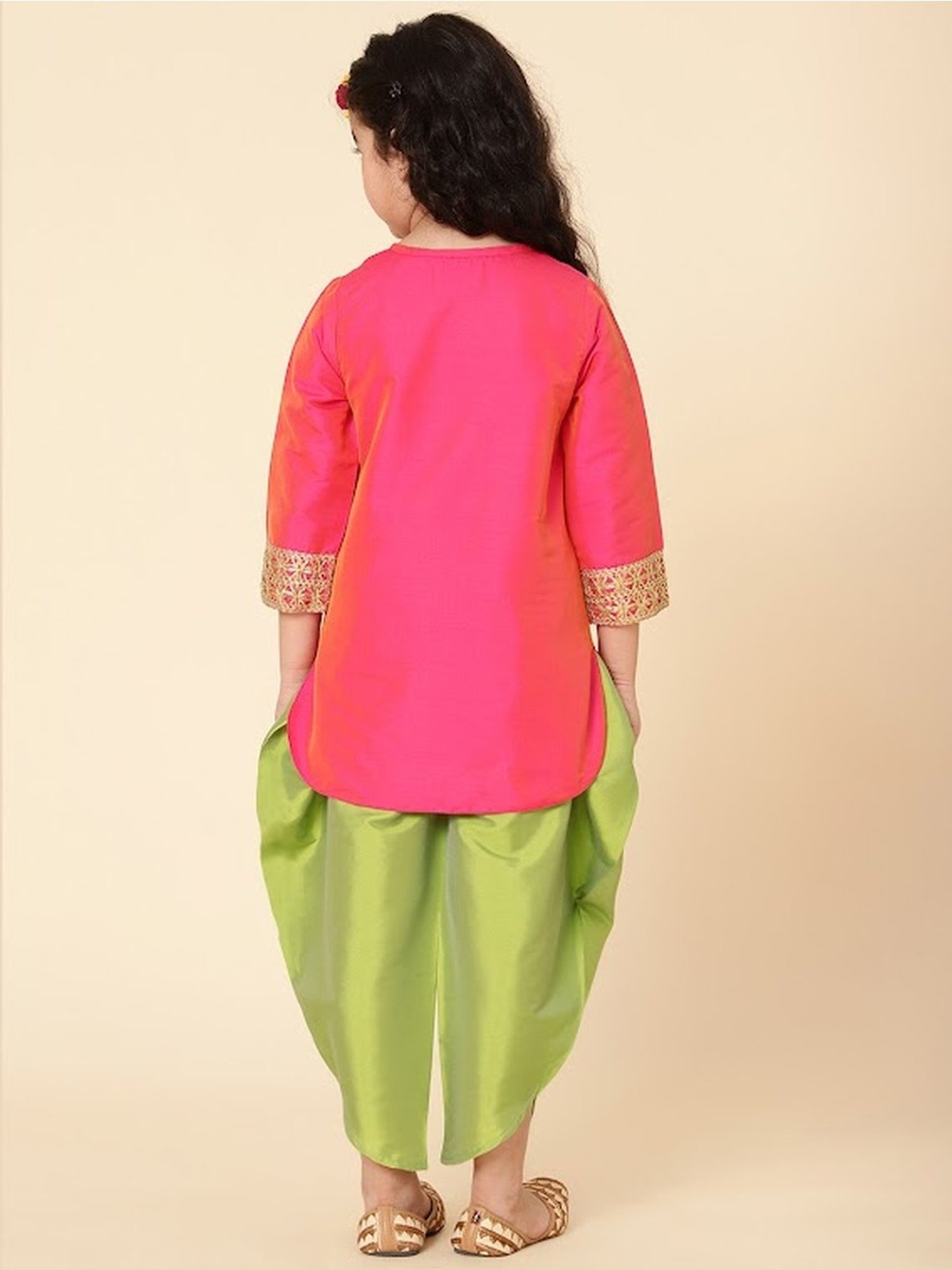 A.T.U.N. Kids Pink & Green Regular Fit Full Sleeves Kurta Set