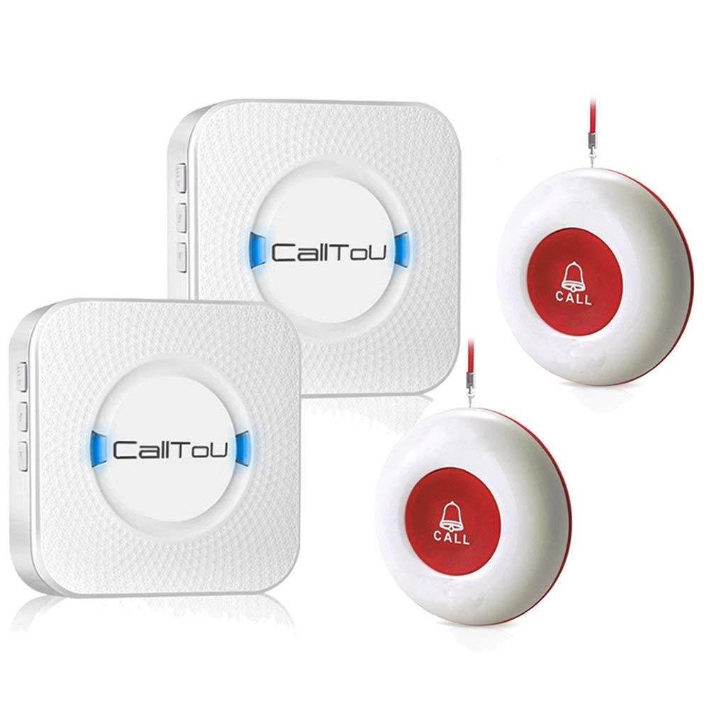 CallToU Wireless Caregiver Pager Smart Call System 2 SOS Call Buttons/Transmitters 2 Receivers Nurse Calling Alert Patient Help System for Home/Personal Attention Pager 500+Feet Plugin Receiver Alert