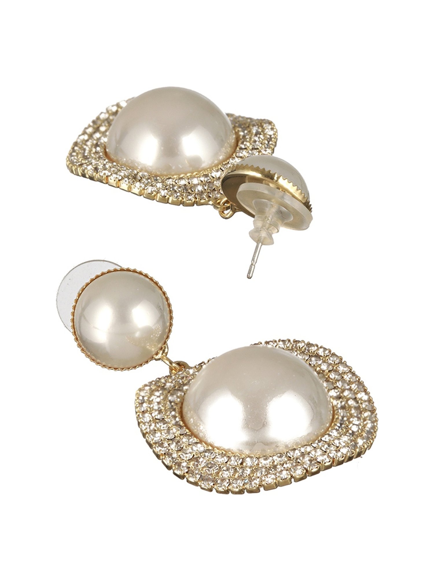 Prita by Priyaasi Dual-Pearl American Diamond Gold-Plated Drop Earrings