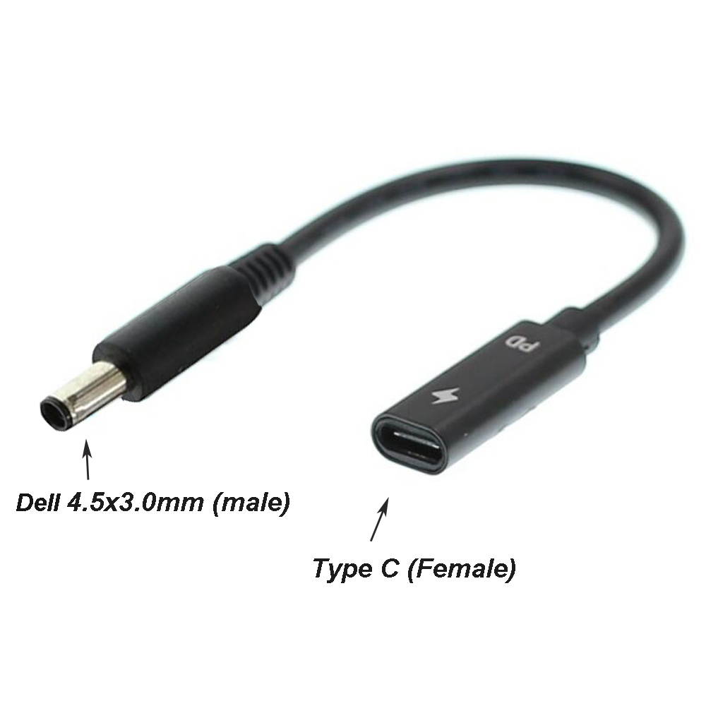 Laptop DC Power Supply Adapter Cable Cord USB 3.1 Type C PD Female to 4.5x3.0mm (Black Tip) Male Plug Converter for Dell 65W or below laptops