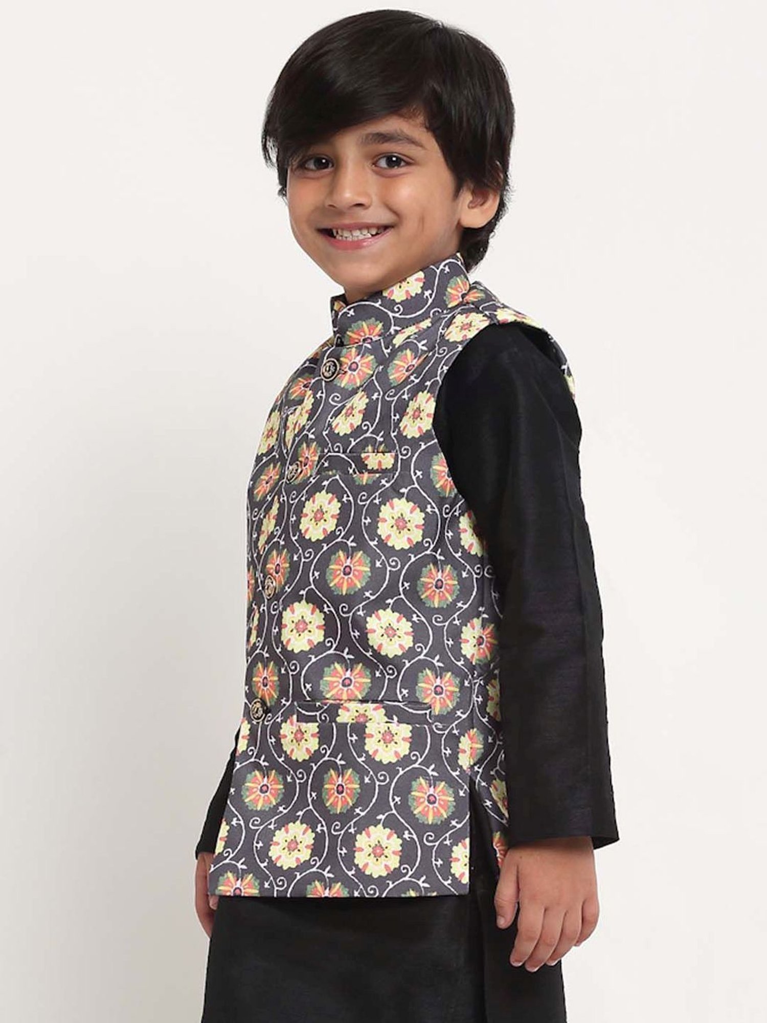 Benstoke Kids Black & Yellow Printed Nehru Jacket