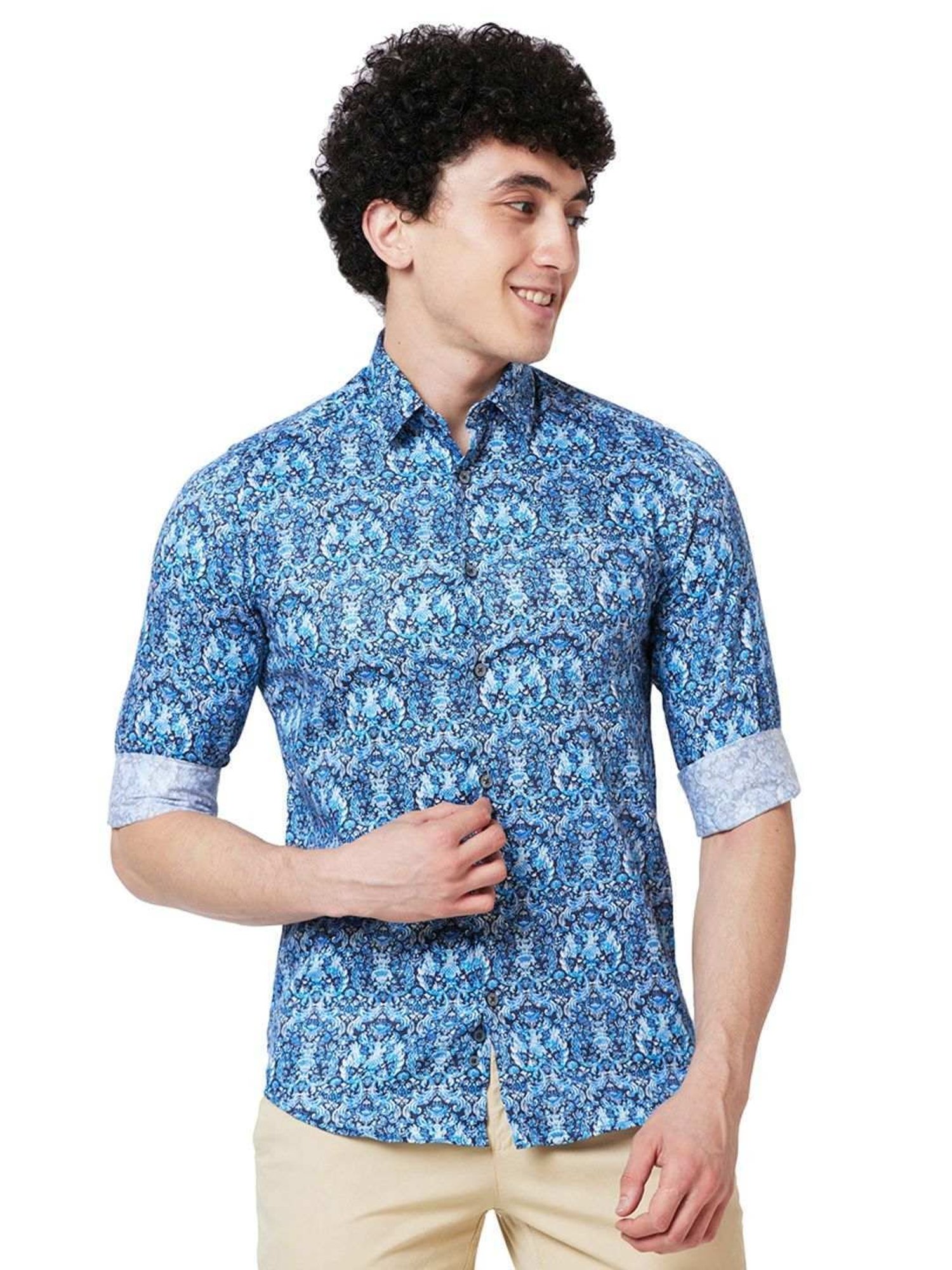 ColorPlus Blue Cotton Contemporary Fit Printed Shirt