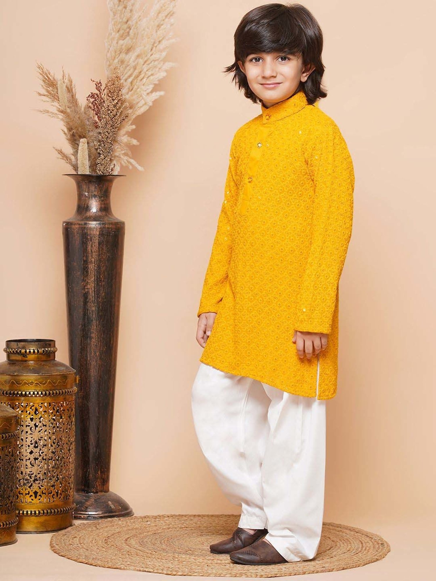AJ Dezines Kids Yellow & White Cotton Embroidered Full Sleeves Kurta Set