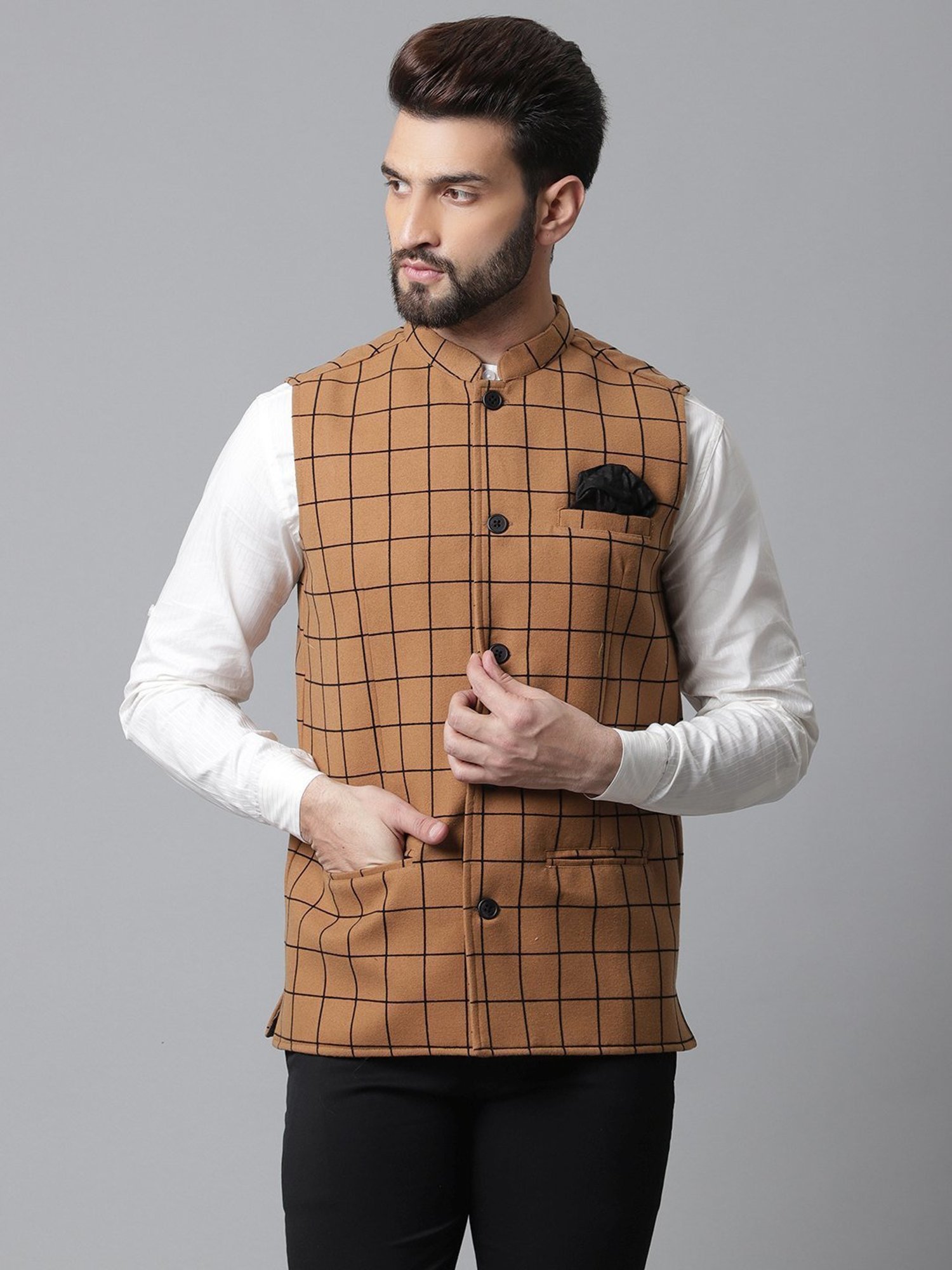 Even Beige Regular Fit Checks Nehru Jacket