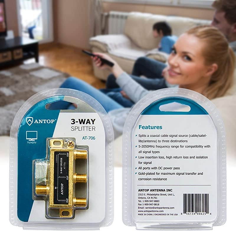 Low-Loss 3 Way Coaxial Splitter for TV Antenna and Satellite 18K Gold-Plated Chassis 2GHz - 5-2050MHz All Port DC Power Passing