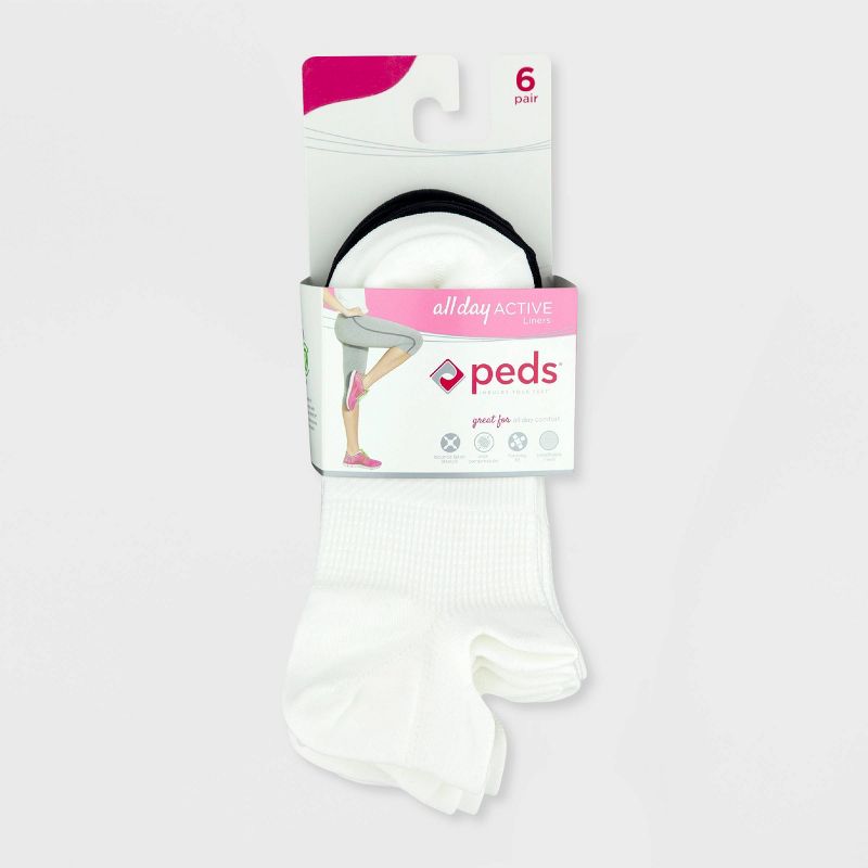 Peds Women's Extended Size All Day Active Double Tab 6pk Ultra Low No Show Liner Casual Socks - White/Black 8-12