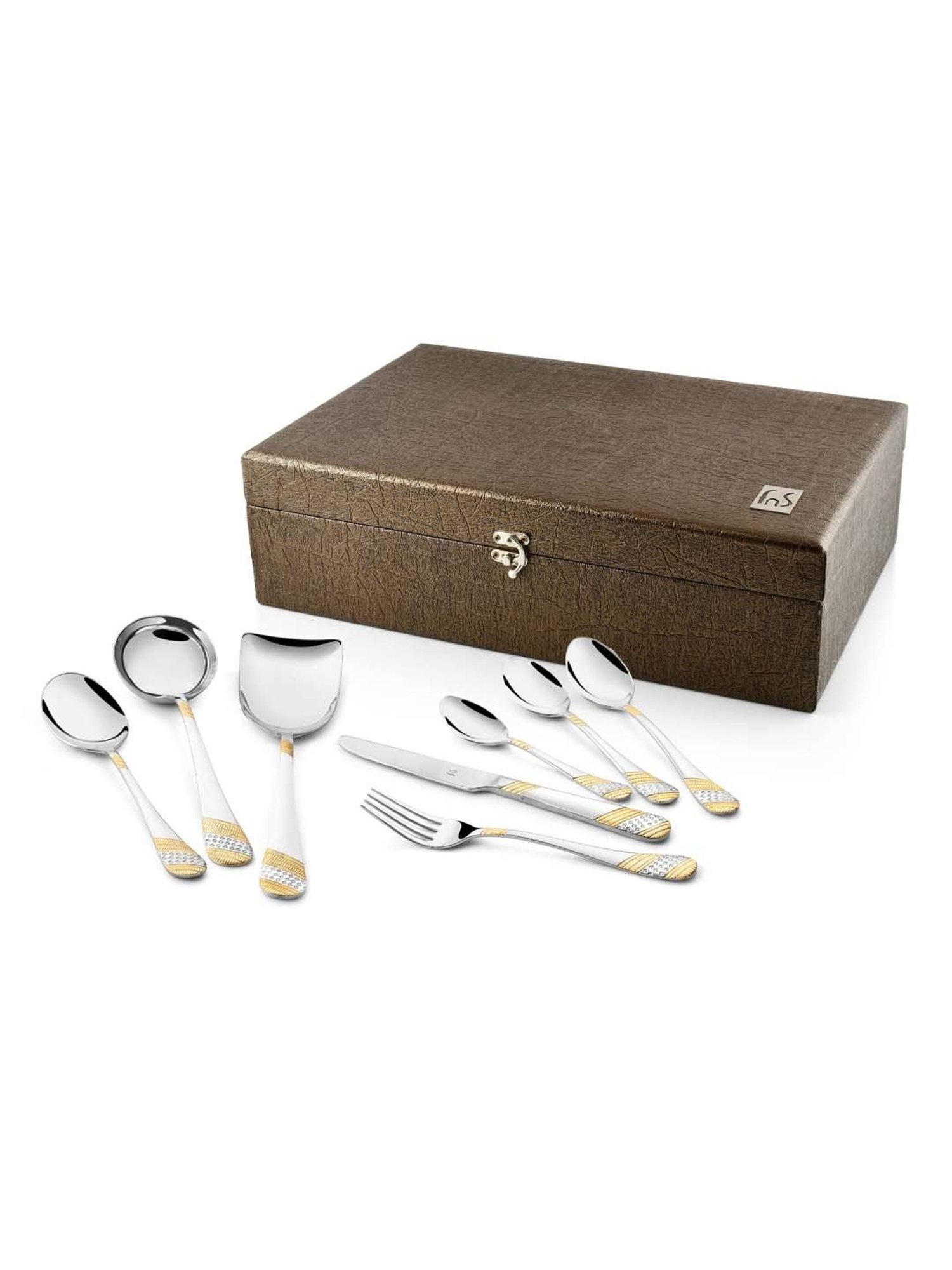 FnS Imperio Silver & Gold Stainless Steel Cutlery - Set of 34