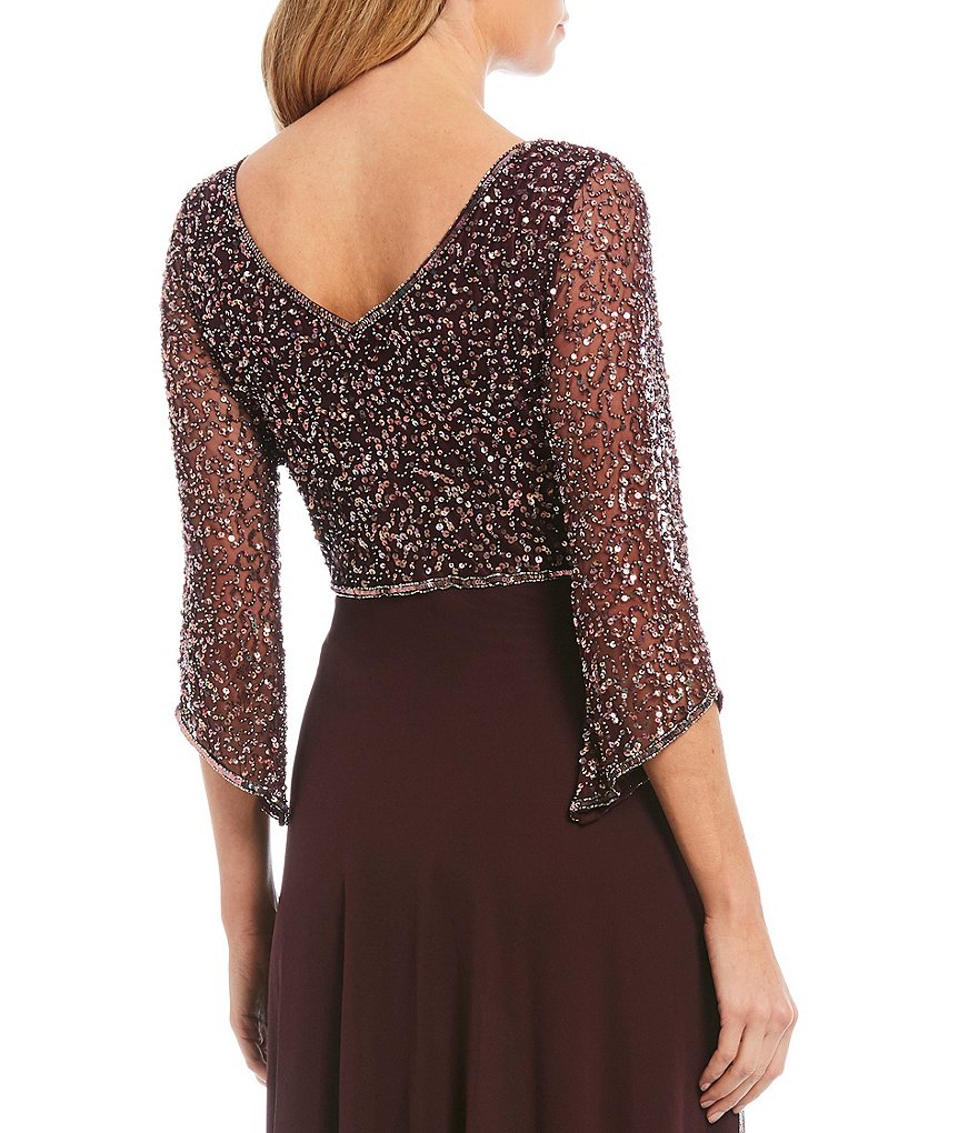 Jkara Petite Size V-Neck 3/4 Sleeve Beaded Bodice Gown