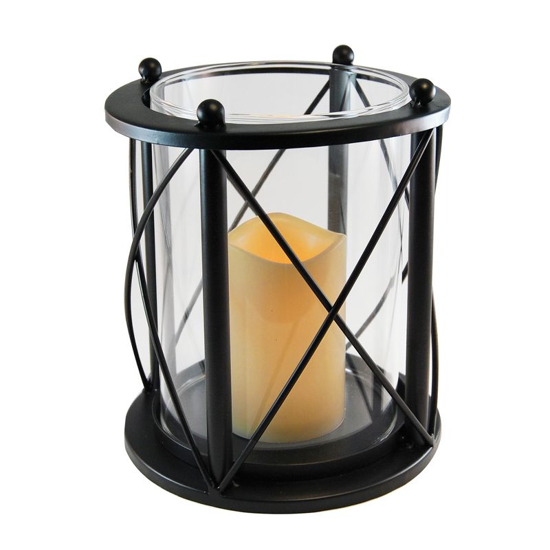 Round Metal LED Lantern With Criss Cross Design And Battery Operated Candle Black - LumaBase