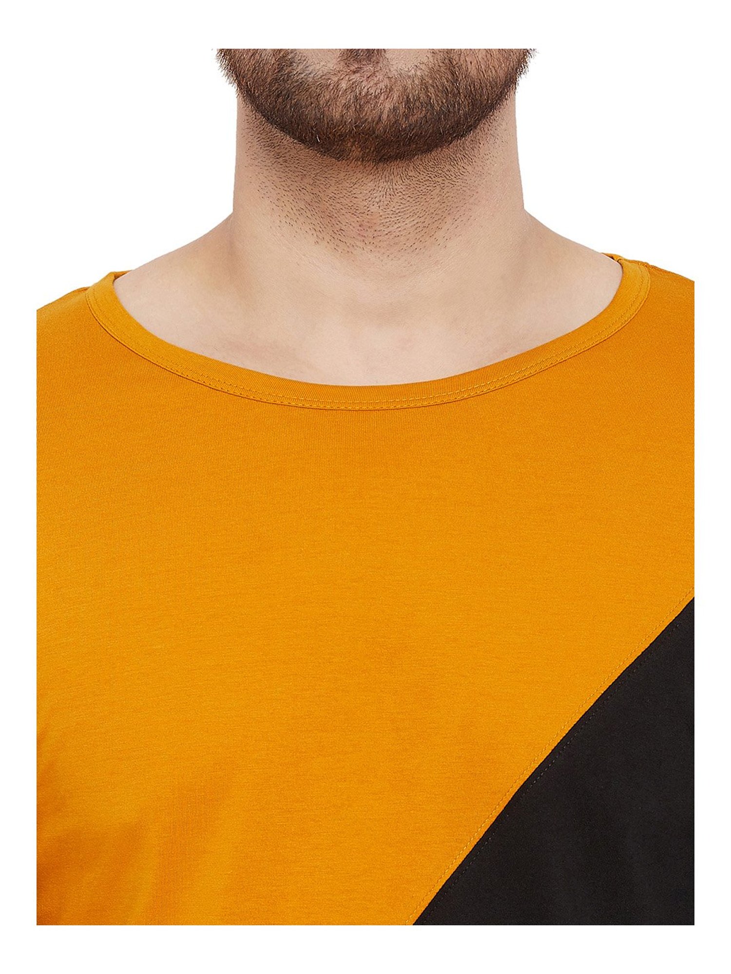 Hypernation Yellow & Black Cotton Regular Fit Color Block T-Shirt
