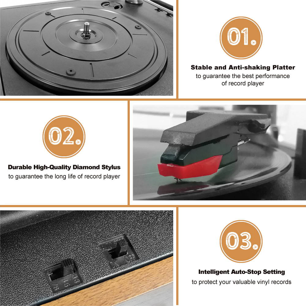 LP&No.1 Vintage Vinyl Record Player with Stereo Speakers,3 Speed Turntable, Light Brown