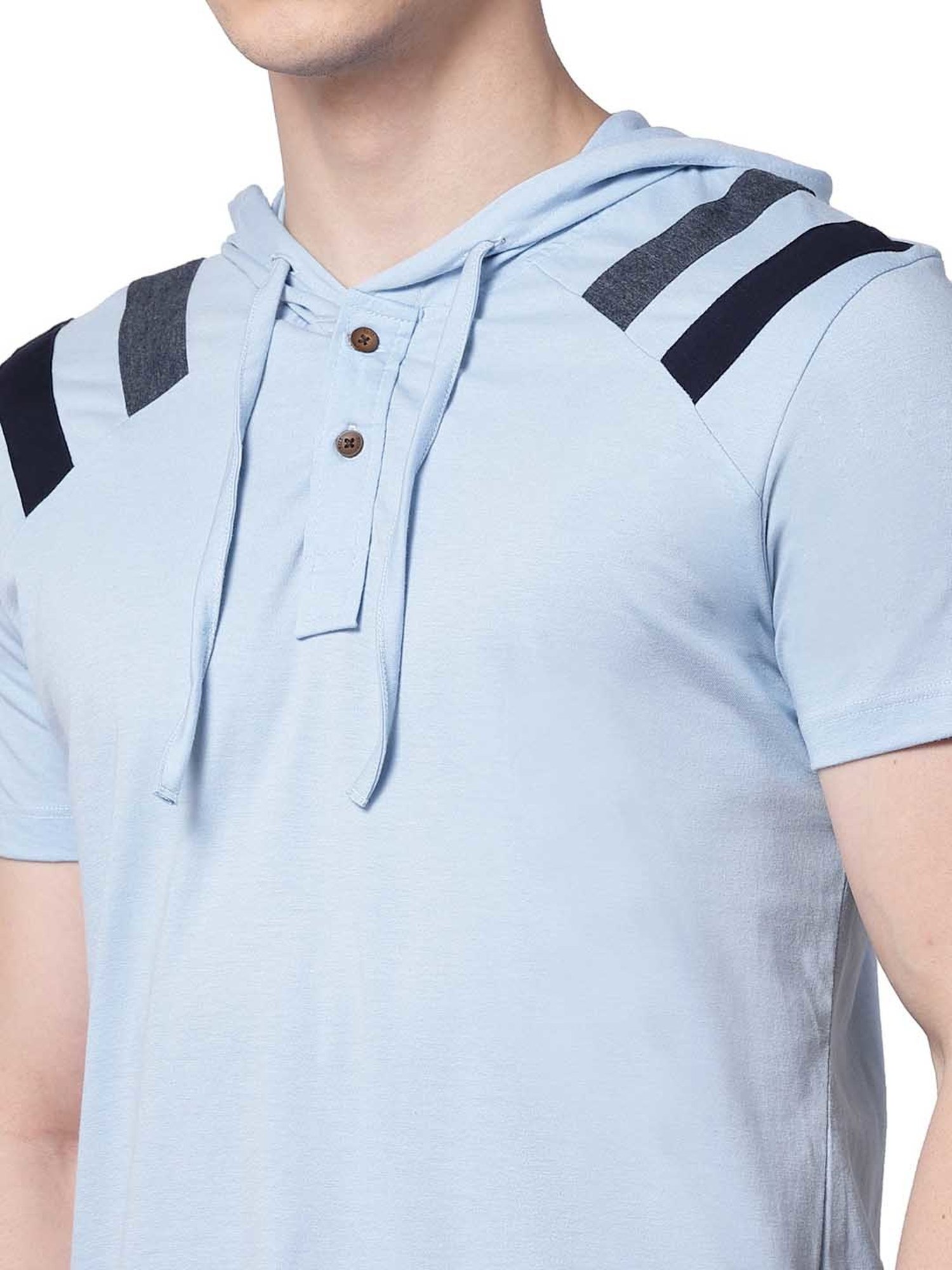 Kalt Sky Blue Regular Fit Striped Hooded T-Shirt