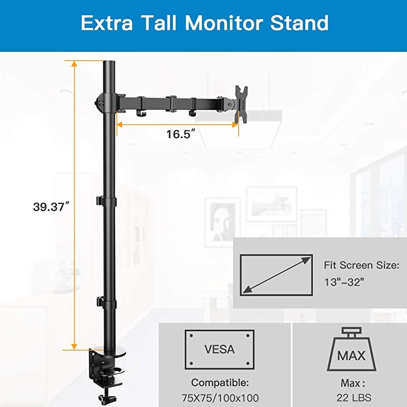Single Monitor Stand Desk Mount 39 Inch Extra Tall Fully Adjustable Stand with C ClampGrommet Mounting Base Articulating Monitor Arm for 1332 Inch Computer Screen Holds up to 22lbs by