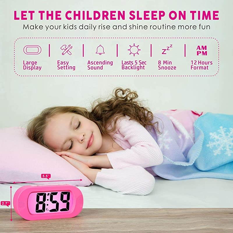 Kids Alarm Clock  Large Digital LCD Travel Alarm Clocks with Snooze and Night Light Ascending Sound and Handheld Sized Best Gift for Kids Pink