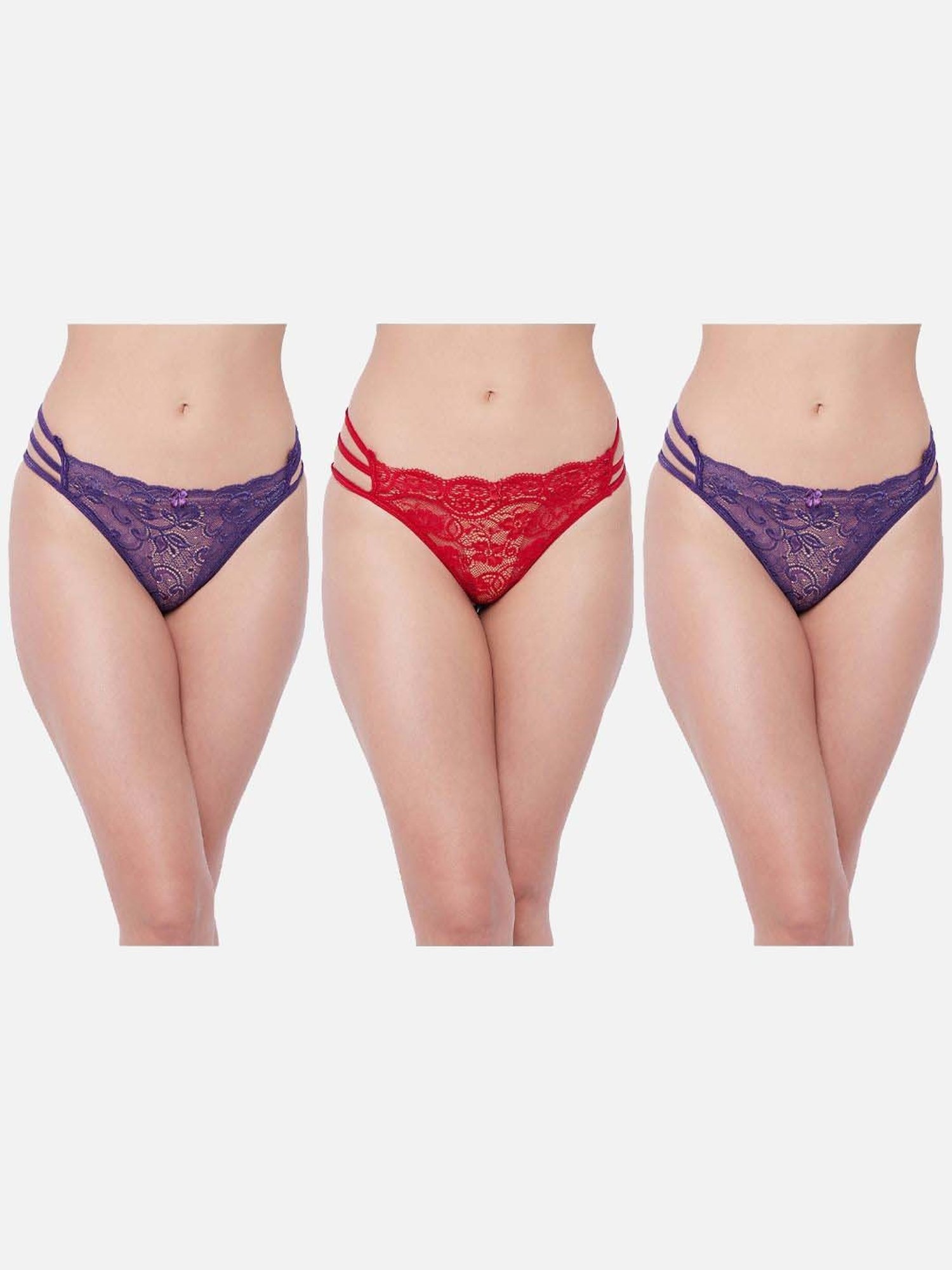 Secrets By ZeroKaata Red & Purple Lace Work Bikini Panty - Pack Of 3