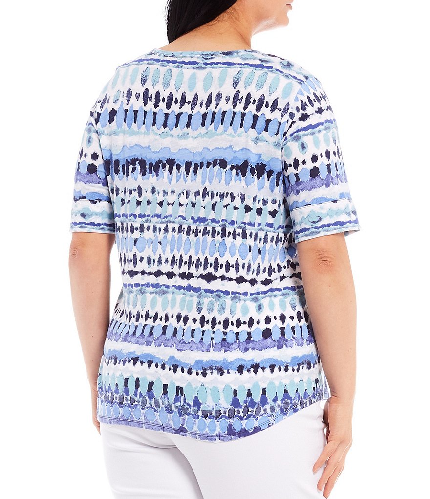 Westbound Plus Size Dot Stripe Short Sleeve Round Neck Cotton Blend Tee