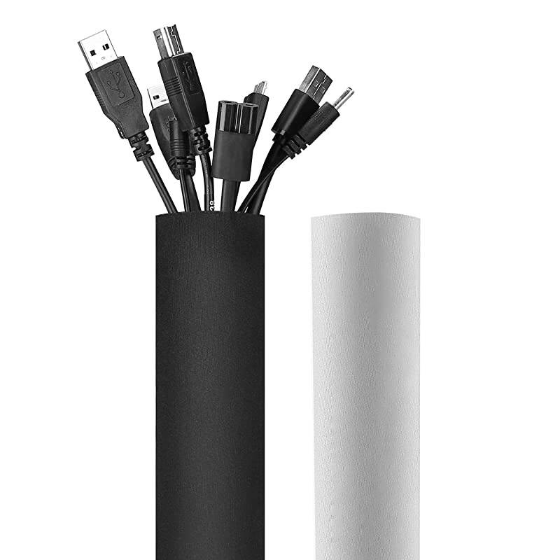 10.83ft Cable Management Sleeve, Cuttable Neoprene Cord Management Organizer System, Flexible Cable Wrap Cover Wire Hider for Desk TV Computer Office Home Theater -Reversible Black/White, Small
