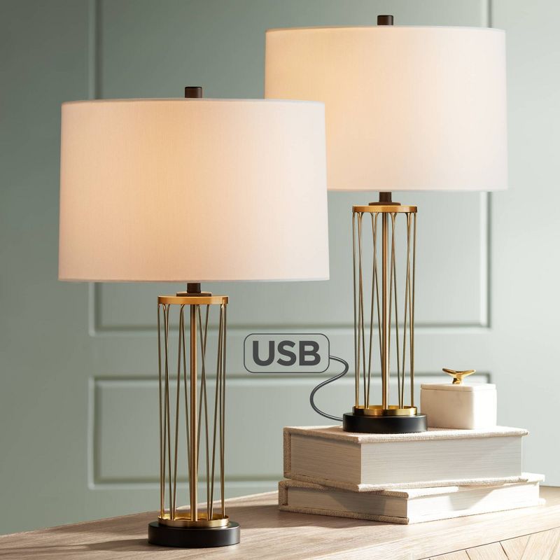 Possini Euro Design Industrial Table Lamp Oil Rubbed Bronze Clear Glass Burlap Tapered Drum Shade for Living Room Bedroom Bedside