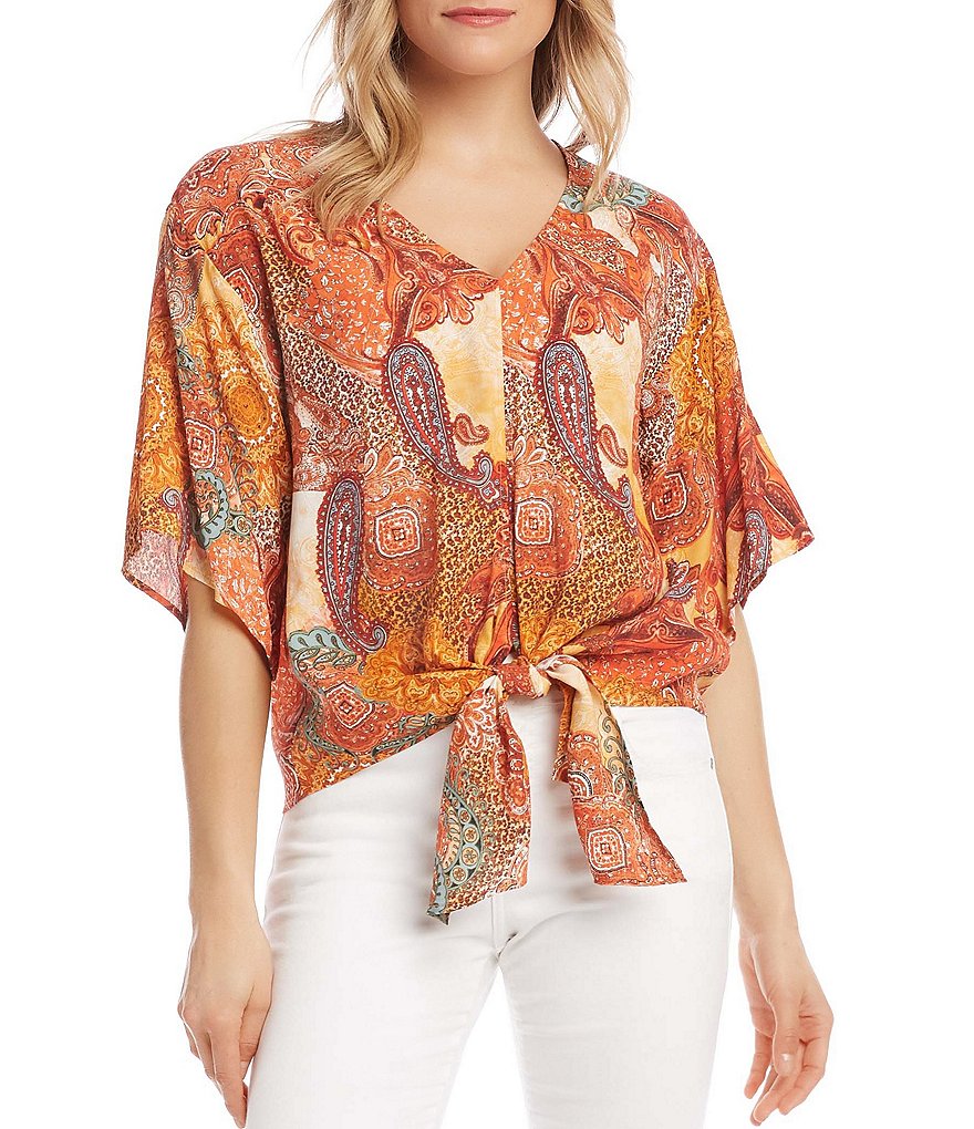 Karen Kane Petite Size Paisley Print V-Neck Flare Dolman Sleeve Tie-Front Woven Top
