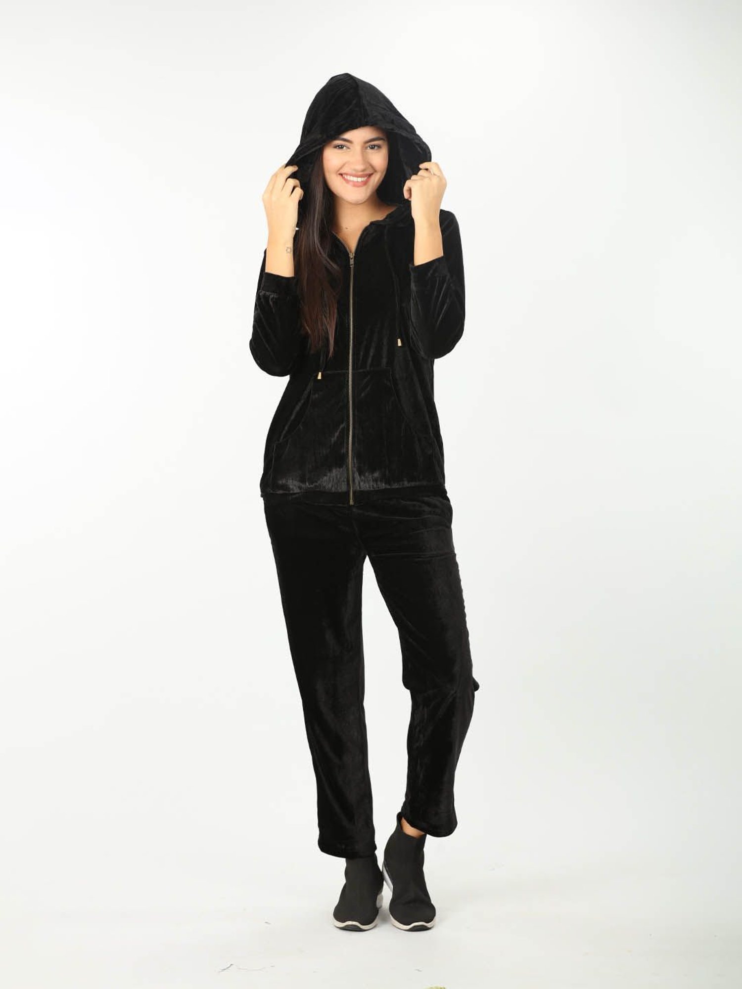 Mustard Black Velvet Regular Fit Hoodie