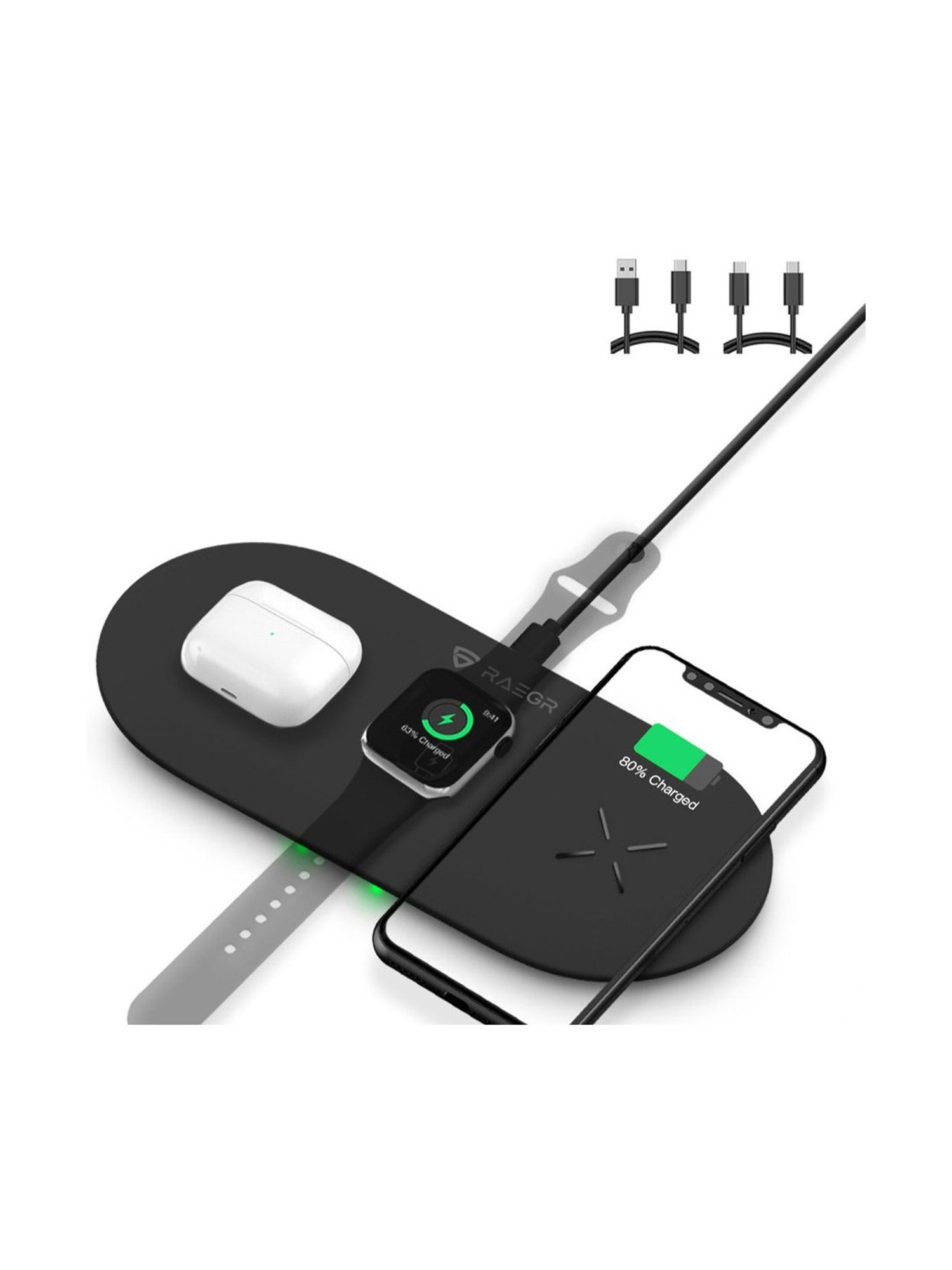 RAEGR Arc 1350 3-in-1 Triple Wireless Charging Pad Trio Mat with 2 Type-C PD Cables - (Black)