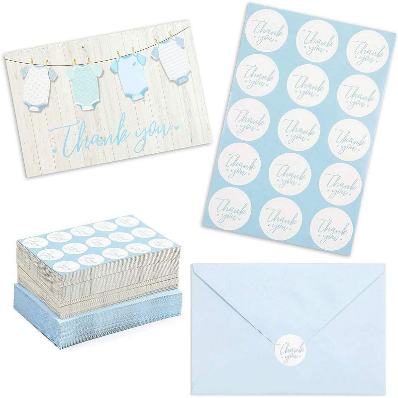 60-Pack Baby Shower Thank You Cards for Boy, Gender Reveal Parties, Blue Envelopes & Sticker Included