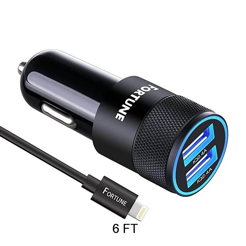 24W iPhone Car Charger Compatible With iPhone X / 8 / 7 / 6s / 6 / 6 Plus / 5s / 5c / 5, iPad Pro Air Mini 2 / 3 / 4, iPod Nano Touch with Dual USB 5V 2.4A Ports & 6ft Apple charging Cord