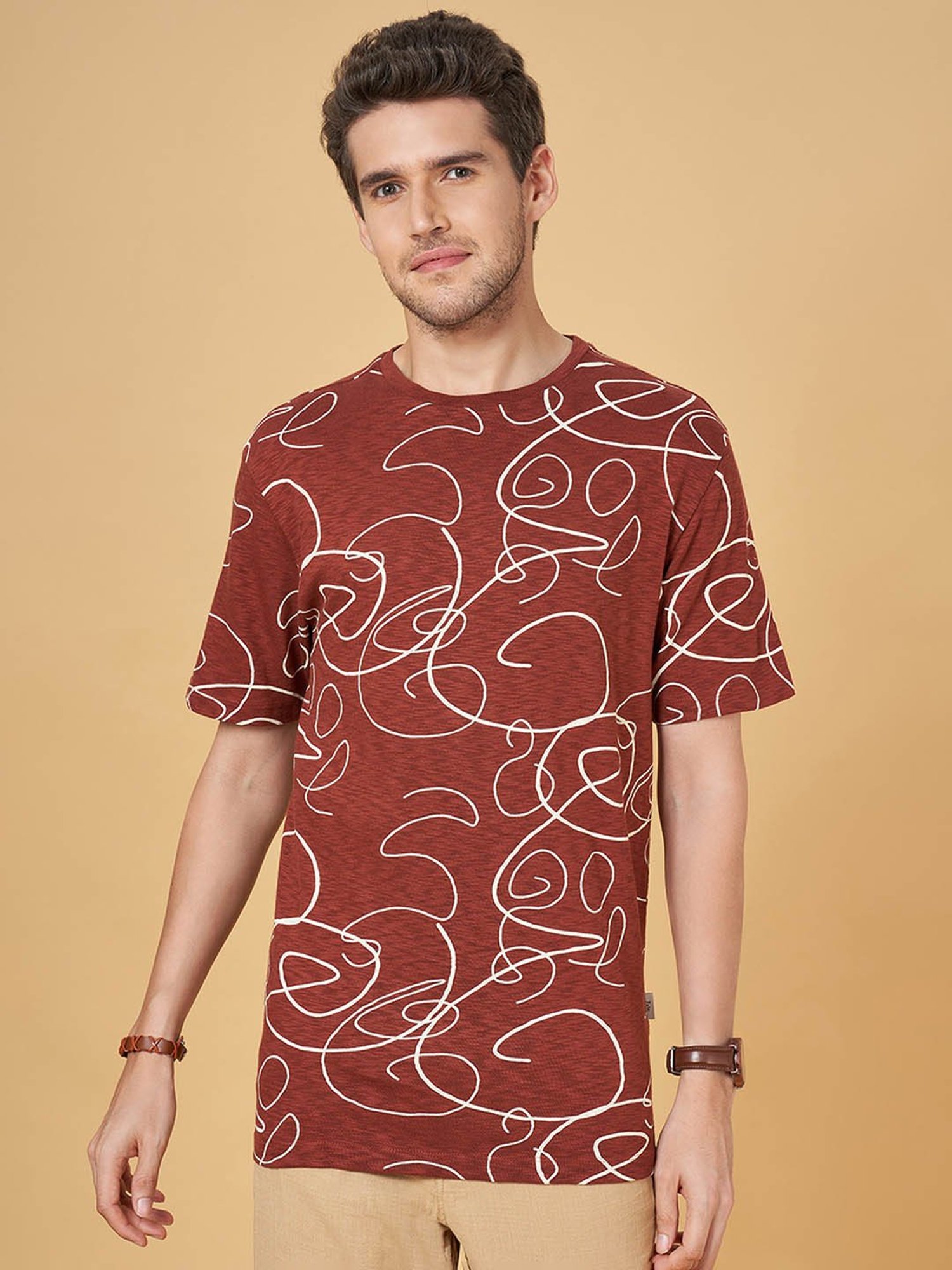 7 Alt by Pantaloons Coffee Cotton Relaxed Fit Printed T-Shirt
