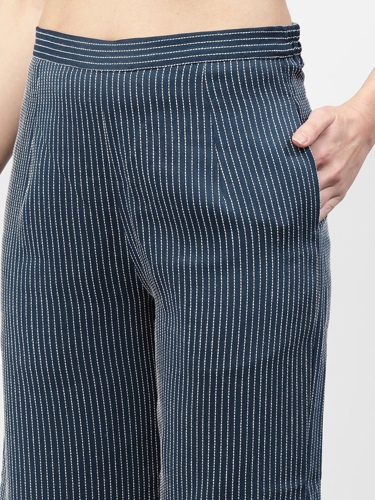 Office & You Dark Blue Striped Relaxed Fit Mid Rise Trousers