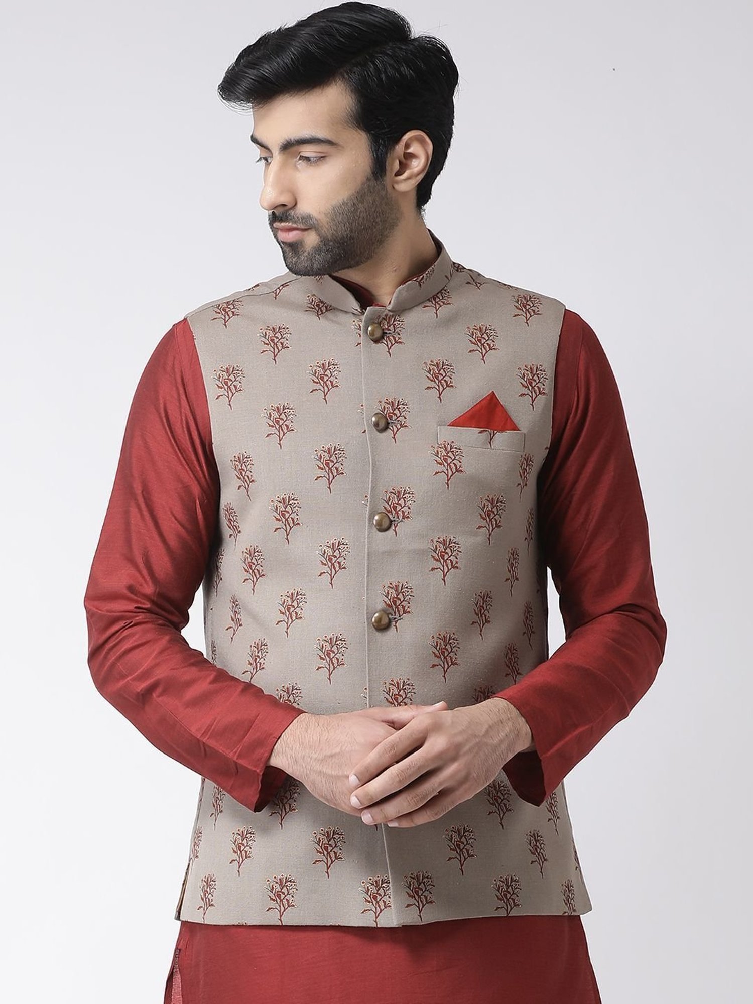 KISAH Maroon Regular Fit Printed Nehru Jacket