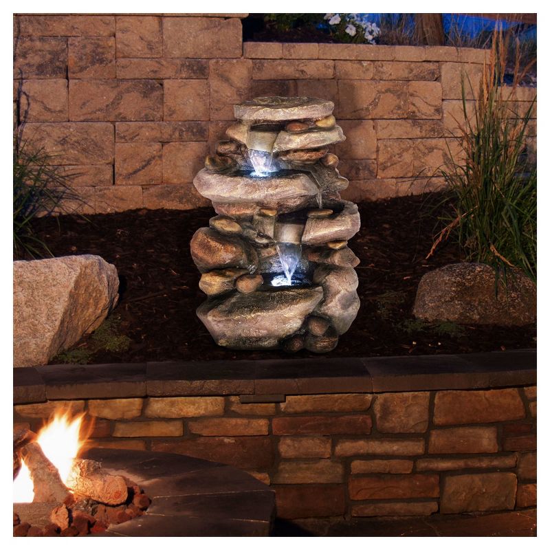19.4" x 15" x 25.5" Stone Waterfall Outdoor Fountain With LED Lights - Gray - Pure Garden