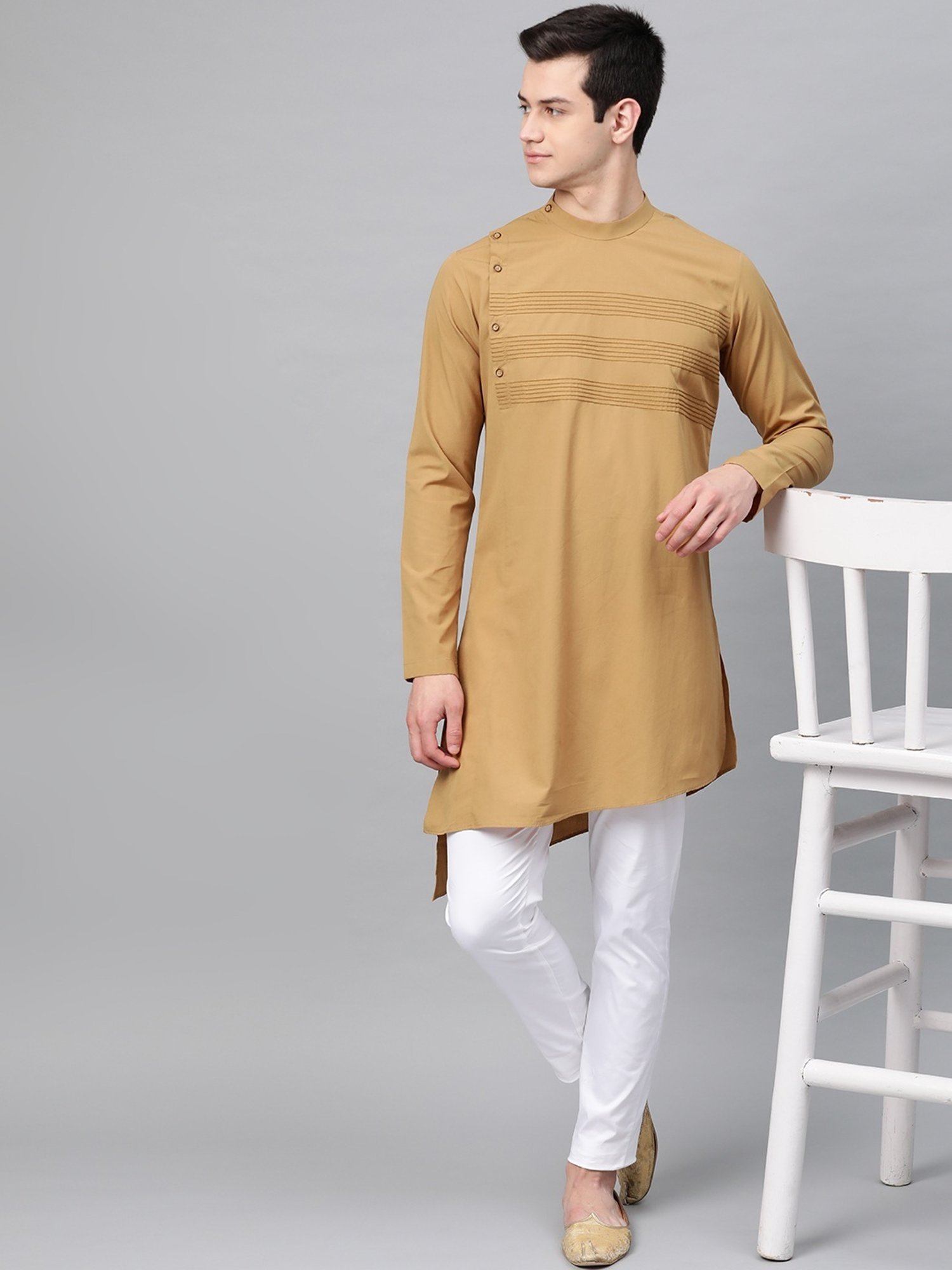 See Designs Khaki & White Cotton Regular Fit Embroidered Kurta Bottom Set