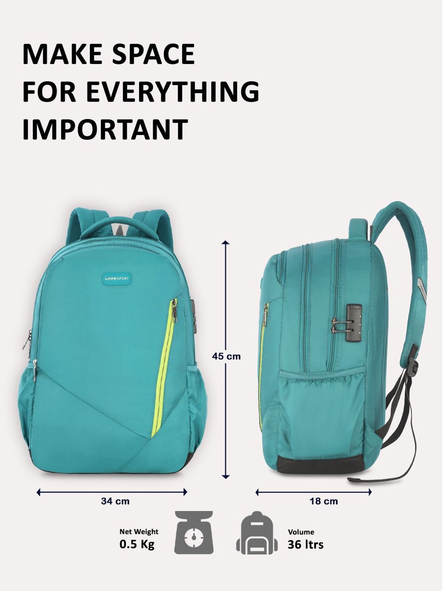 Lavie Sport Astro 36L Anti-theft Laptop Backpack For Men & Women (Teal)