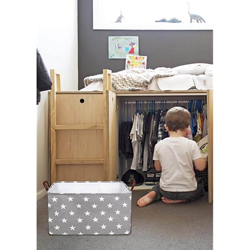 22Inches Thickened XLarge Storage Basket 22x15x13 Inches Drawstring Canvas Underbed Storage Square Cotton Linen Collapsible Toy Basket Grey Star XL