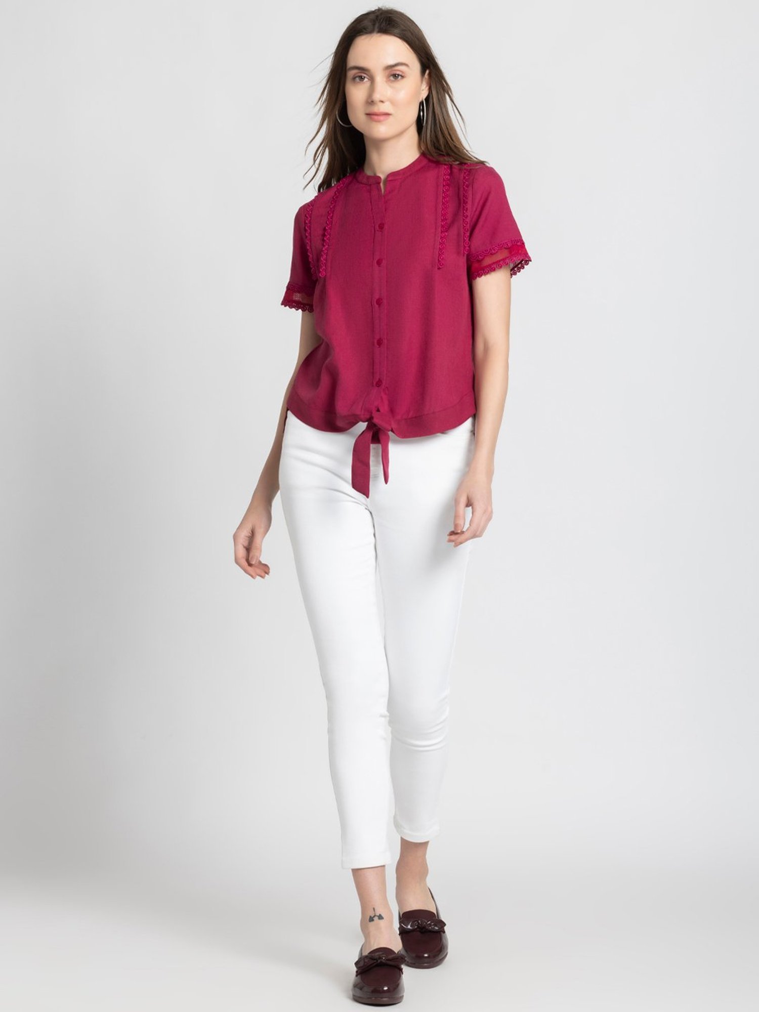 SHAYE Maroon Linen Regular Fit Top