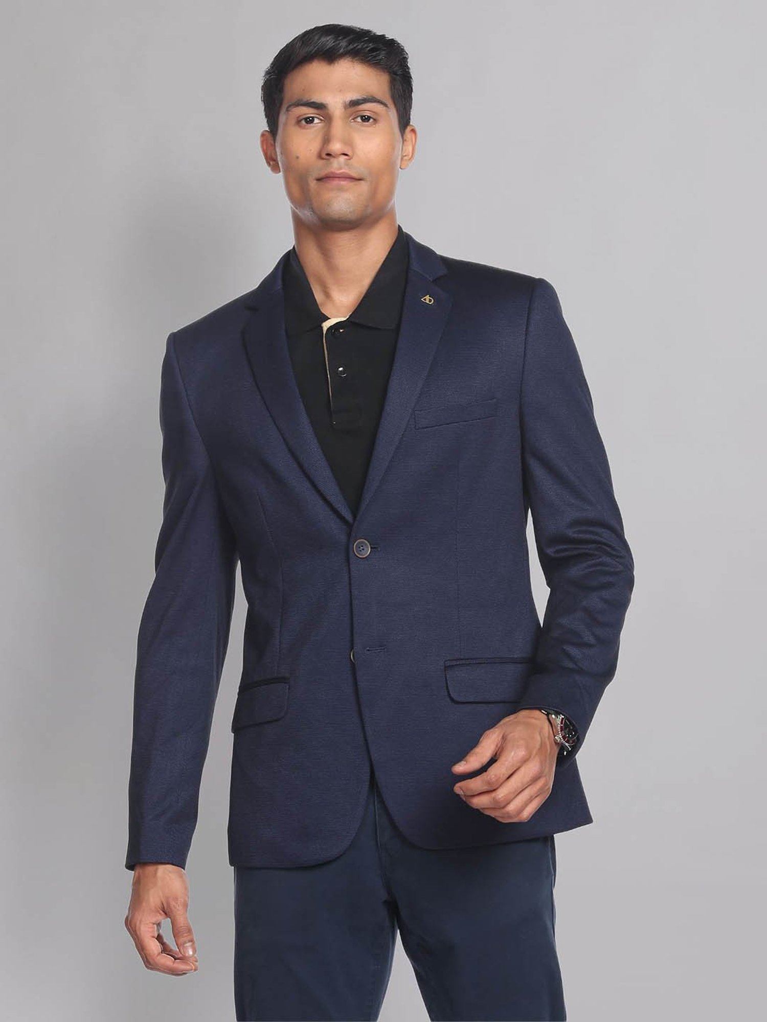 AD by Arvind Navy Slim Fit Self Design Blazer