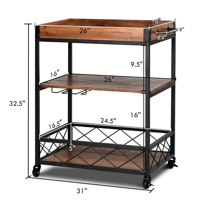 Costway 3 Tier Rolling Kitchen Trolley Island Cart Serving Dining Storage Shelf Utility Black Iron