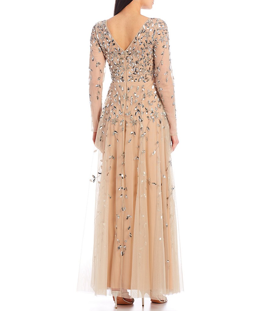 Kay Unger Long Bishop Sleeve V-Neck Crepe A-Line Dress